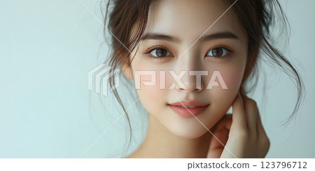 close up portrait of young woman with soft features, glowing skin, and expressive eyes, conveying sense of beauty and serenity. Her hair is styled loosely, enhancing her natural look 123796712
