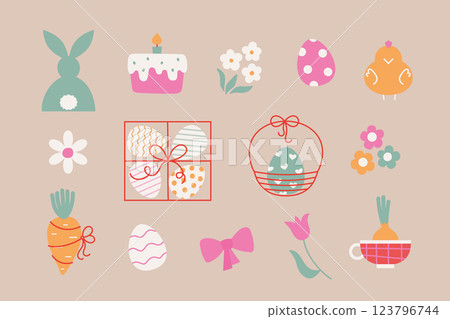 Simple cute Easter elements set with carrot, eggs, animals. Cartoon vector Easter illustrations for merch, card, sticker, decoration. Simple cute Easter elements set with carrot, eggs, animals. Cartoon vector Easter illustrations for merch, card, sticker, decoration. 123796744