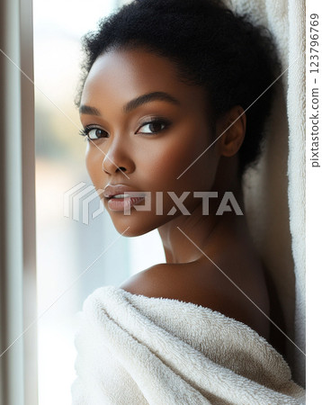 woman with natural beauty, wrapped in soft towel, gazes thoughtfully out window, showcasing her radiant skin and expressive eyes 123796769