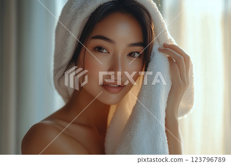 serene portrait of woman with towel, showcasing natural beauty and soft lighting. Her expression conveys calmness and tranquility 123796789