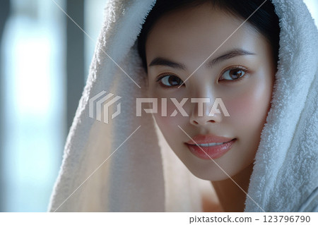 serene woman with towel draped over her head, showcasing natural beauty and glowing skin. Her expression is calm and inviting, perfect for beauty and skincare themes 123796790
