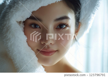 serene portrait of woman wrapped in soft towel, showcasing her radiant skin and gentle smile, evoking sense of calm and beauty 123796791