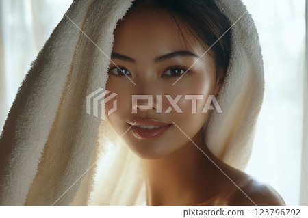 serene portrait of woman with towel draped over her head, showcasing her radiant skin and natural beauty. soft lighting enhances her features and creates calming atmosphere 123796792
