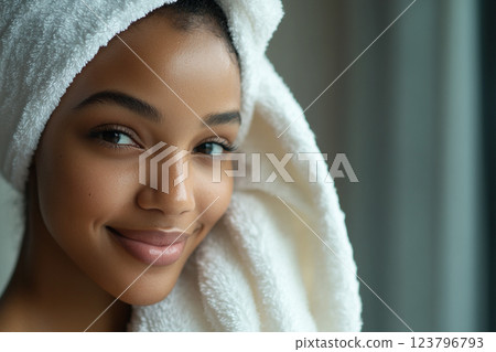 young woman with towel wrapped around her head smiles softly, showcasing her natural beauty and glowing skin. serene background enhances calm atmosphere 123796793