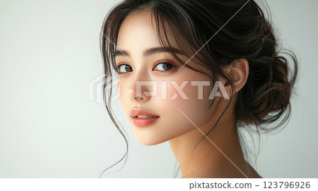 close up portrait of young woman with soft features and natural makeup, showcasing her radiant skin and elegant hairstyle. background is light and minimalistic, enhancing her beauty 123796926