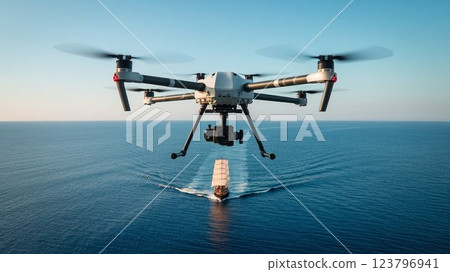 [16:9 version] Drone image: Drone for checking ship position at sea, 4 arms, white, black, gray 123796941