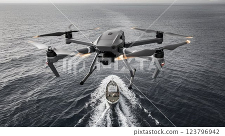 [16:9 version] Drone image: Drone for checking ship position at sea, 4 arms, white, black, gray 123796942