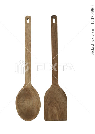 A pair of wooden kitchen utensils, including a spoon and a spatula, crafted from natural wood 123796965
