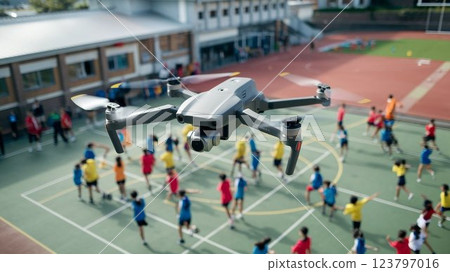 [16:9 version] Drone image: Drone filming a school sports day, 4 arms, white, black, gray, silver 123797016