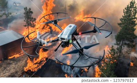 [16:9 version] Drone image: Drone monitoring the situation at a fire scene, 4 arms, white, black, gray, silver 123797017