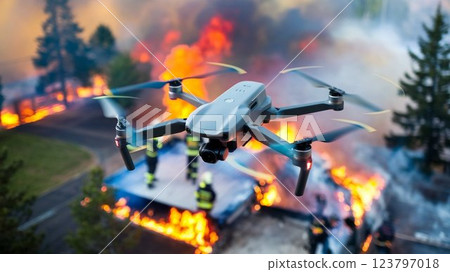 [16:9 版本] 無人機圖片：無人機監控火災現場狀況，4 個臂，白色、黑色、灰色、銀色 123797018