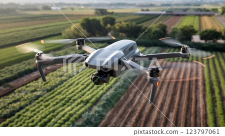 [16:9 版本] 無人機圖片：用於大規模農場害蟲搜尋的無人機，4 臂，白色、黑色、灰色、銀色 123797061