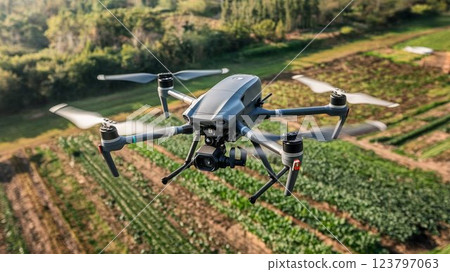 [16:9 版本] 無人機圖片：用於大規模農場害蟲搜尋的無人機，4 臂，白色、黑色、灰色、銀色 123797063