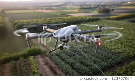 [16:9 版本] 無人機圖片：用於大規模農場害蟲搜尋的無人機，4 臂，白色、黑色、灰色、銀色 123797064