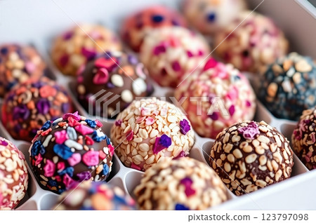 Artisanal Gourmet Confections Decorated with Vibrant Dried Flowers and Textures in a Compartmentalized Box 123797098