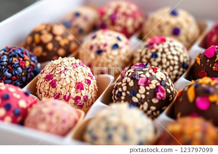 Artisanal Gourmet Confections Decorated with Vibrant Dried Flowers and Textures in a Compartmentalized Box 123797099
