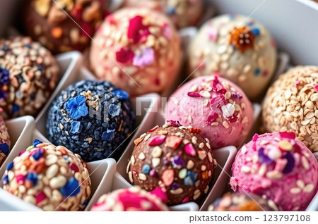 Artisanal Gourmet Confections Decorated with Vibrant Dried Flowers and Textures in a Compartmentalized Box 123797108