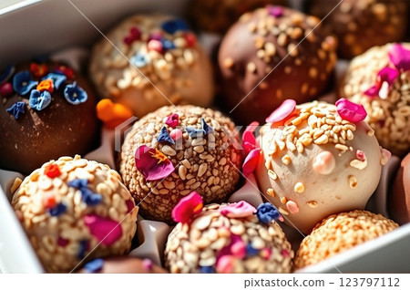 Artisanal Gourmet Confections Decorated with Vibrant Dried Flowers and Textures in a Compartmentalized Box 123797112