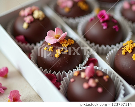 Artisanal Gourmet Confections Decorated with Vibrant Dried Flowers and Textures in a Compartmentalized Box 123797114