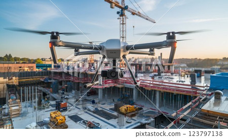 [16:9 版本] 無人機影像：無人機在施工現場記錄進度，4 個臂，白色、黑色、灰色、銀色 123797138