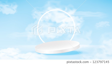 White podium with Blue sky Cloud. Empty podium for product display on Sky Background. White podium with Blue sky Cloud. Empty podium for product display on Sky Background. 123797145
