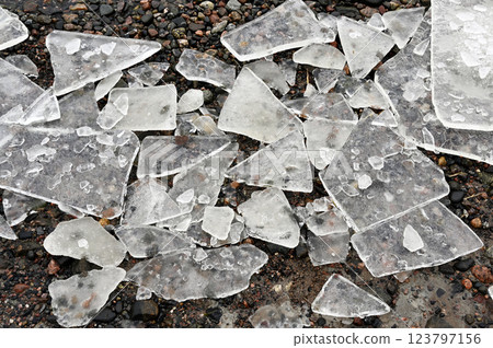 A striking close-up of shattered ice pieces scattered across a rocky surface A striking close-up of shattered ice pieces scattered across a rocky surface 123797156