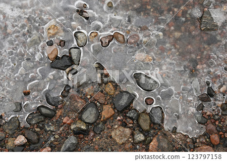 A close-up view of ice partially covering a rocky ground, capturing the intricate patterns formed as the ice begins to melt A close-up view of ice partially covering a rocky ground, capturing the intricate patterns formed as the ice begins to melt 123797158