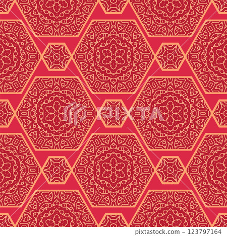 Vector Japanese seamless pattern in oriental geometric traditional style. Festive ornament for lunar chinese new year decoration. Red and golden asian creative motif. Abstract Hexagons 123797164