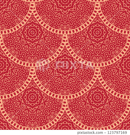 Vector Japanese seamless pattern in oriental geometric traditional style. Festive ornament for lunar chinese new year decoration. Red and golden asian creative motif. Abstract Waves and Circles 123797169