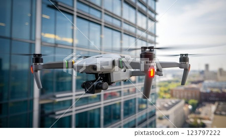 [16:9 版本] 無人機影像：無人機檢查建築物外部，4 個臂，白色、黑色、灰色、銀色 123797222