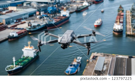 [16:9 版本] 無人機圖片：用於檢查港口船舶動向的無人機，4 個臂，白色、黑色、灰色、銀色 123797225