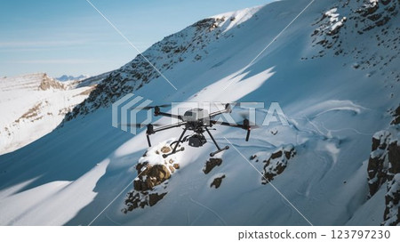[16:9 version] Drone image: Drone for investigating the risk of avalanches in snowy mountains, 4 arms, white, black, gray, silver 123797230