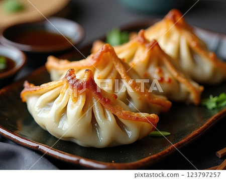 Traditional Asian Steamed Japanese GYOZA  with Soy Dipping Sauce on Fresh Lettuce Leaves A Culinary Still Life Traditional Asian Steamed Japanese GYOZA  with Soy Dipping Sauce on Fresh Lettuce Leaves A Culinary Still Life 123797257
