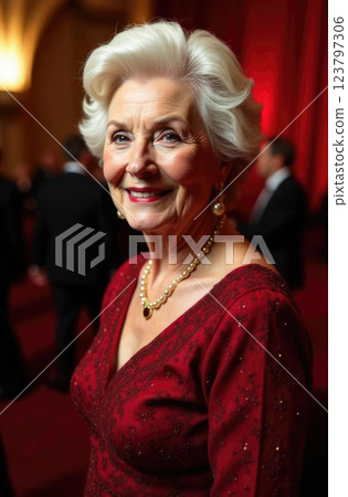 portrait of a beautiful, smiling, well-groomed elderly woman in a red evening dress, elegant hairstyle with short gray hair, red theater interior on a blurred background 123797306