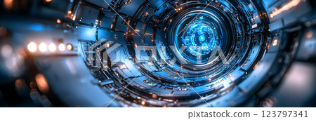 Futuristic Metallic Gear Mechanism with Blue Lights 123797341