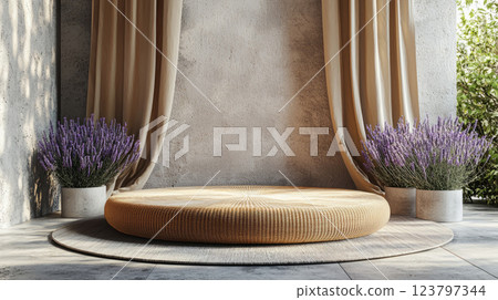 Serene interior with a round wicker cushion, soft natural light, and fresh lavender in pots, creating a peaceful and cozy atmosphere 123797344