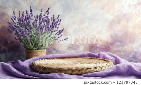 Serene interior with a round wicker cushion, soft natural light, and fresh lavender in pots, creating a peaceful and cozy atmosphere 123797345