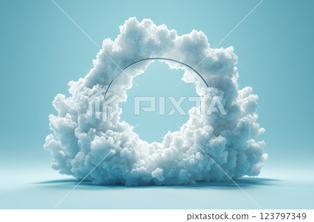 soft cluster of cotton clouds, gently flowing around a steel ring, set against a pale sky-blue background 123797349