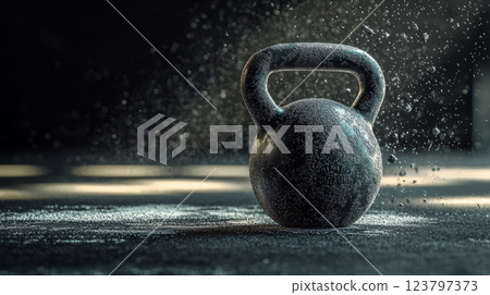 Close-up of a kettlebell with chalk dust in the air, gym setting 123797373
