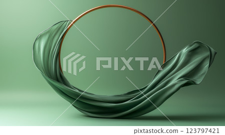 flowing stream of olive green velvet, twisting around a copper hoop, against a muted green backdrop. flowing stream of olive green velvet, twisting around a copper hoop, against a muted green backdrop. 123797421