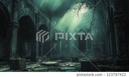 Mesmerizing ruins of ancient Gothic cathedrals: eerie, atmospheric interiors with arched stone architecture, dim candlelight and mystical light 123797422
