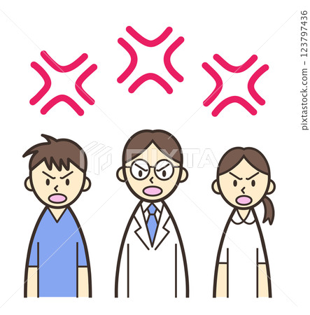 三名醫務工作者和一個憤怒的符號 123797436