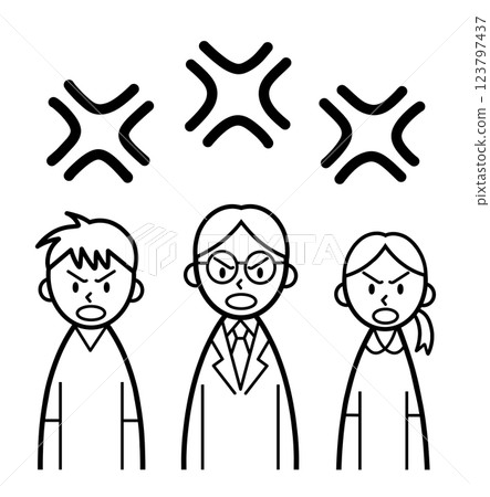 Line drawing of three medical workers and an angry mark Line drawing of three medical workers and an angry mark 123797437