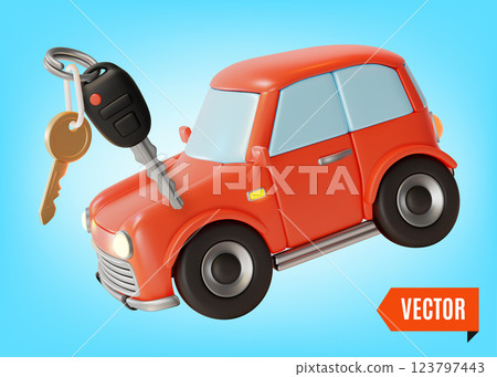 3d Red Car Hatchback Model and Keys Cartoon Design Style. Vector illustration of Purchase or Rental Concept 3d Red Car Hatchback Model and Keys Cartoon Design Style. Vector illustration of Purchase or Rental Concept 123797443