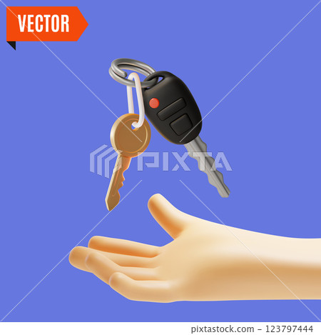 3d Hand Putting House and Car Keys Cartoon Design Style. Vector illustration of Purchase or Rental of Vehicle and Building Concept 123797444