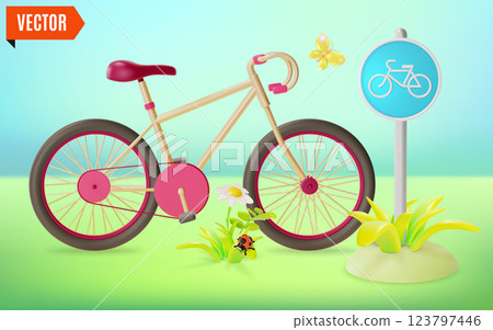 3d Bicycle and Road Sign Traffic Rules Concept Cartoon Design Style. Vector illustration of Activity Safety Lifestyle 3d Bicycle and Road Sign Traffic Rules Concept Cartoon Design Style. Vector illustration of Activity Safety Lifestyle 123797446