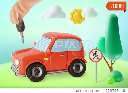 3d Easy Car Sharing Concept Background Cartoon Design Style. Vector illustration of Carsharing Service for Trip 123797448