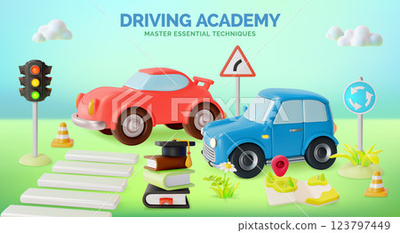 3d Driving Academy Traffic Rules Education Concept Ads Banner Promotion Poster Card. Vector illustration of Automobile, Stoplight and Books 123797449