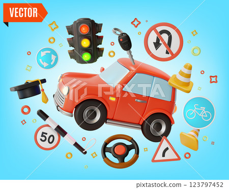 3d Driving Courses Traffic Rules Concept Background Cartoon Design Style. Vector illustration of Practice and Education 123797452