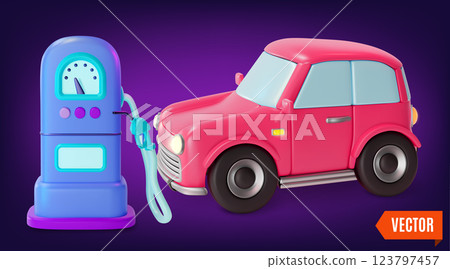 3d Car Hatchback Model and Petrol Station Cartoon Design Style. Vector illustration of New Technology Hybrid Auto 3d Car Hatchback Model and Petrol Station Cartoon Design Style. Vector illustration of New Technology Hybrid Auto 123797457